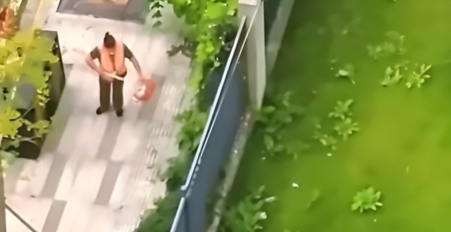 环卫工身边就是垃圾桶，却隔着围栏将道路垃圾扔进小区里；湖南长沙县环卫中心：正核查缩略图