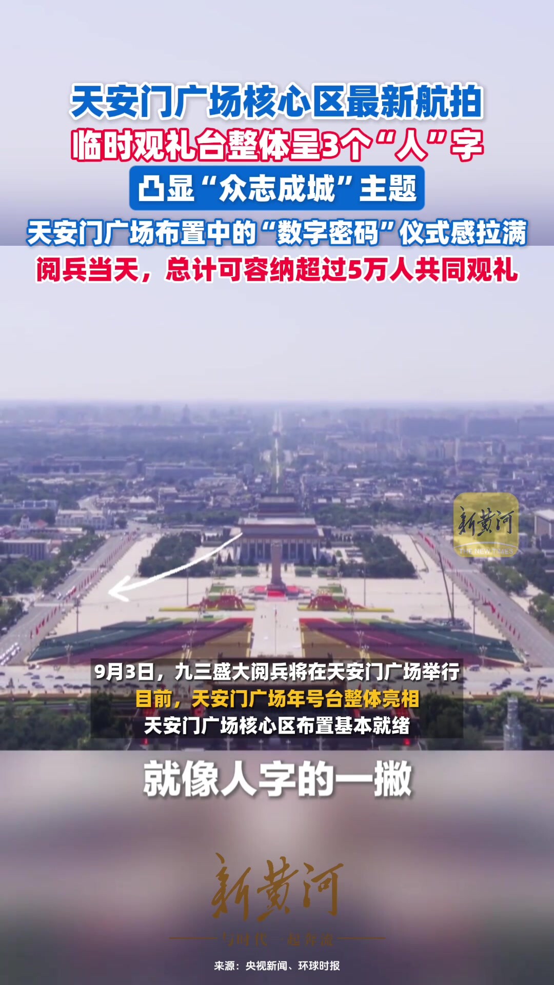 天安门广场核心区最新航拍，临时观礼台整体呈3个“人”字，凸显“众志成城”主题_腾讯新闻