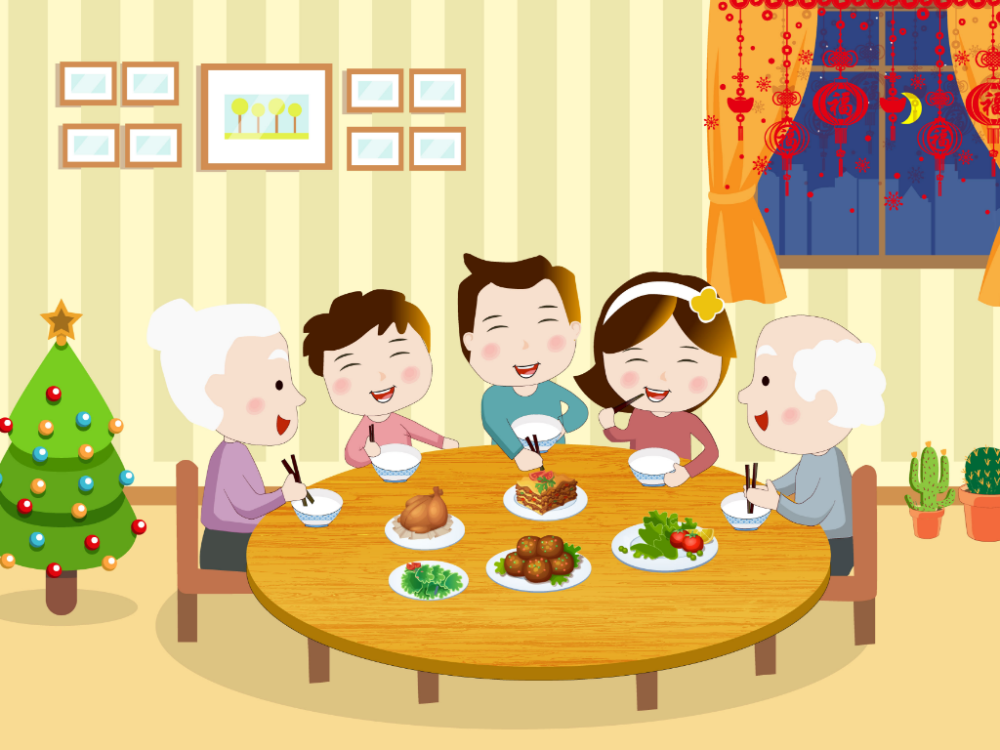 围桌吃饭的卡通图片图片