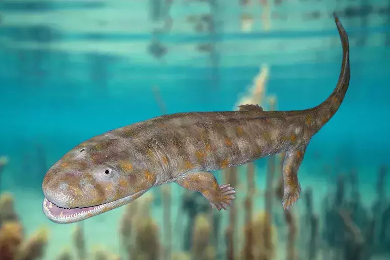 棘鱼石螈模型,一种已灭绝的四足动物,是最早进化四肢的脊椎动物之一.