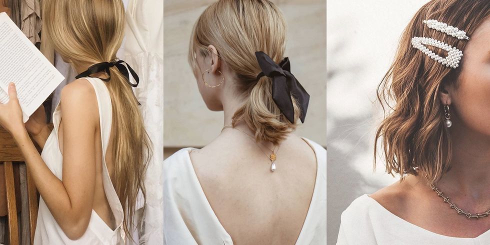 1,黑色缎带╳低马尾