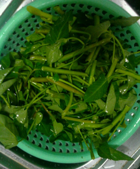 第一步,购买一把新鲜的空心菜,用手掐掉尾部的老杆儿,用刀切成小段