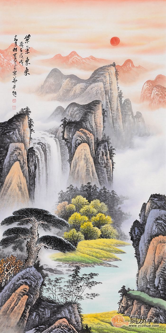 《紫气东来》李林宏老师的这幅竖幅山水画作品,典雅大气,清新亮丽