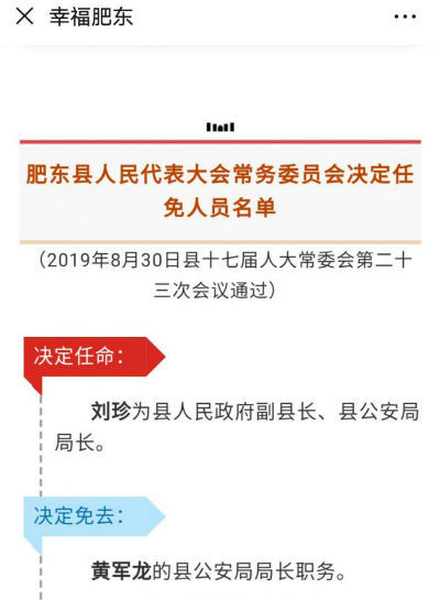 他被任命为合肥市肥东县副县长公安局局长