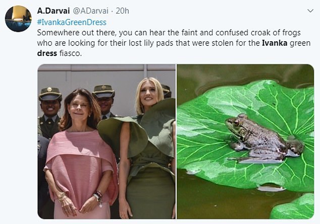 另一名网友说伊万卡是不是偷了青蛙赖以栖息的荷叶。可别说，伊万卡张开的袖子可不是两张荷叶吗？ (来自:什么值得看)