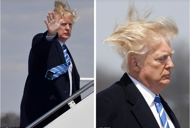 关于特朗普发型的传说本来就多，2018年，特朗普在安德鲁斯空军基地登上“空军一号”，准备飞往西弗吉尼亚参加活动。特朗普的头发在风中乱舞，生生“凹出”了各种造型。无奈的特朗普只得闭上了眼睛。 (来自:什么值得看)