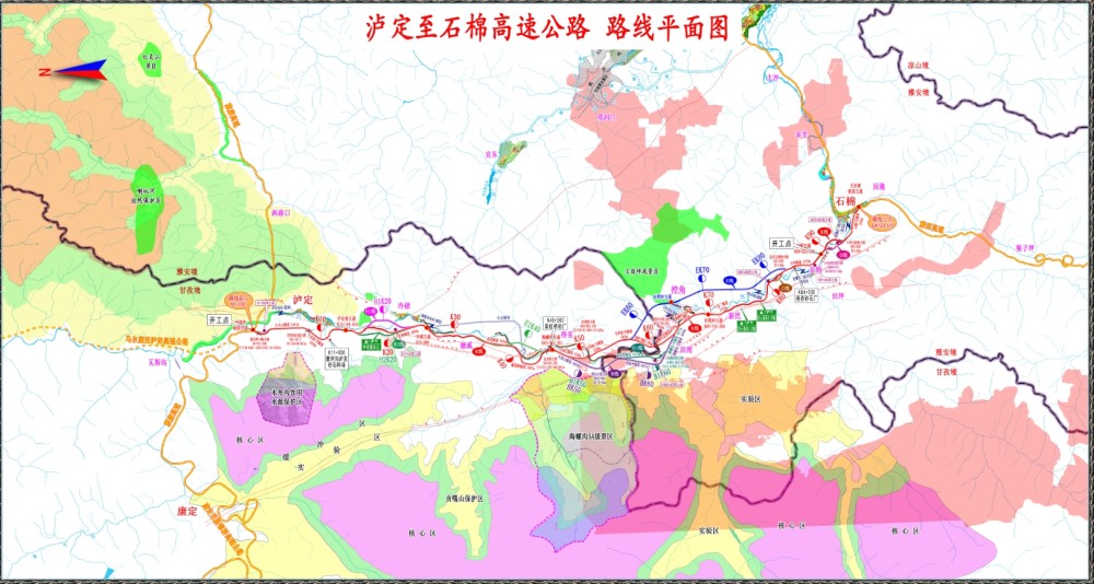 路线北起雅康高速公路伞岗坪枢纽互通,途