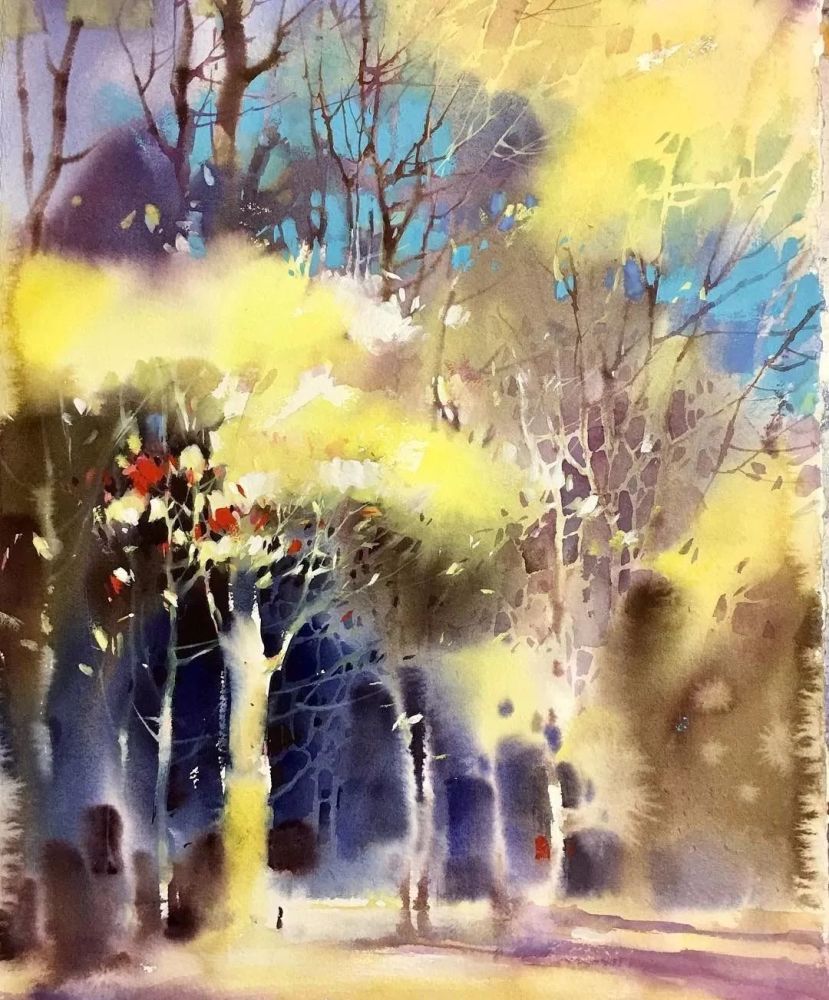 这水彩酣畅淋漓 水色交融 有一种浓淡有致的朦胧美