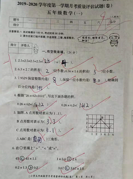 用一张五年级月考卷分析数学题 优秀生粗心慌张丢掉8分