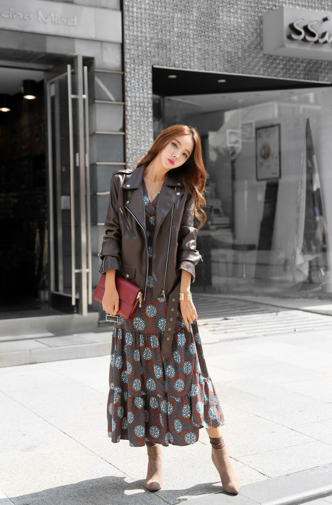 林静敏黑黛花纹优雅连衣长裙