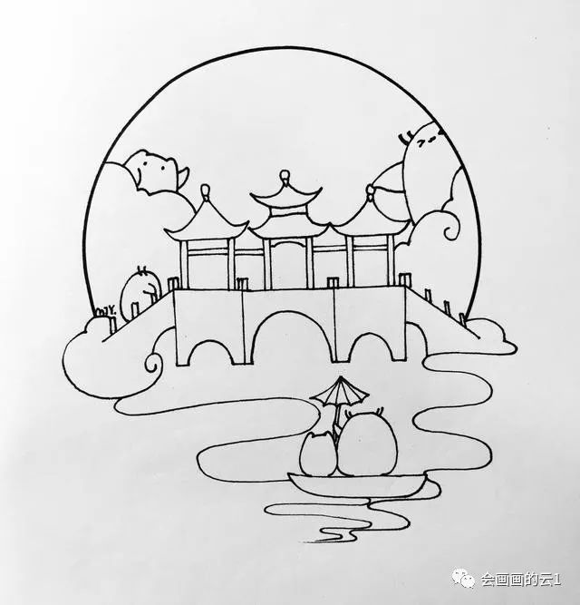 每天学一幅简笔画-极简的小白教程!中国风建筑线描,线条越画越简单!