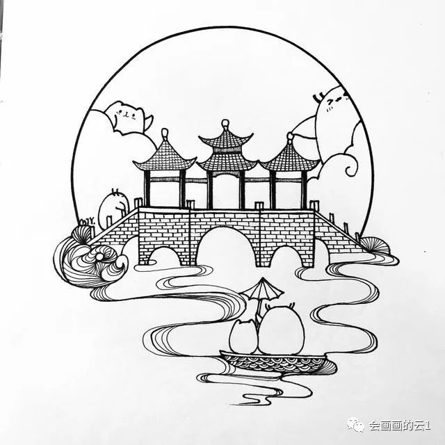 每天學一幅簡筆畫-極簡的小白教程!中國風建築線描,線條越畫越簡單!