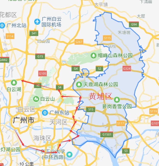 蓝色为黄埔区域图:箭头标红位置内为限行区域,对比下图问:广州黄埔区