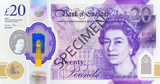 英格兰银行公布20英镑新塑料钞设计,将在