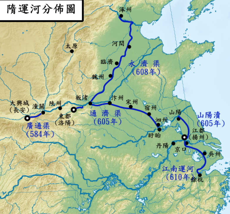 京杭大运河的基础为隋代统一南北以后修建的隋唐大运河.