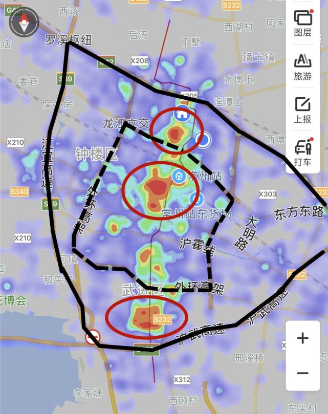 根據百度人口熱力圖,我們可以看出,以下3個區域屬於常州目前人口密集