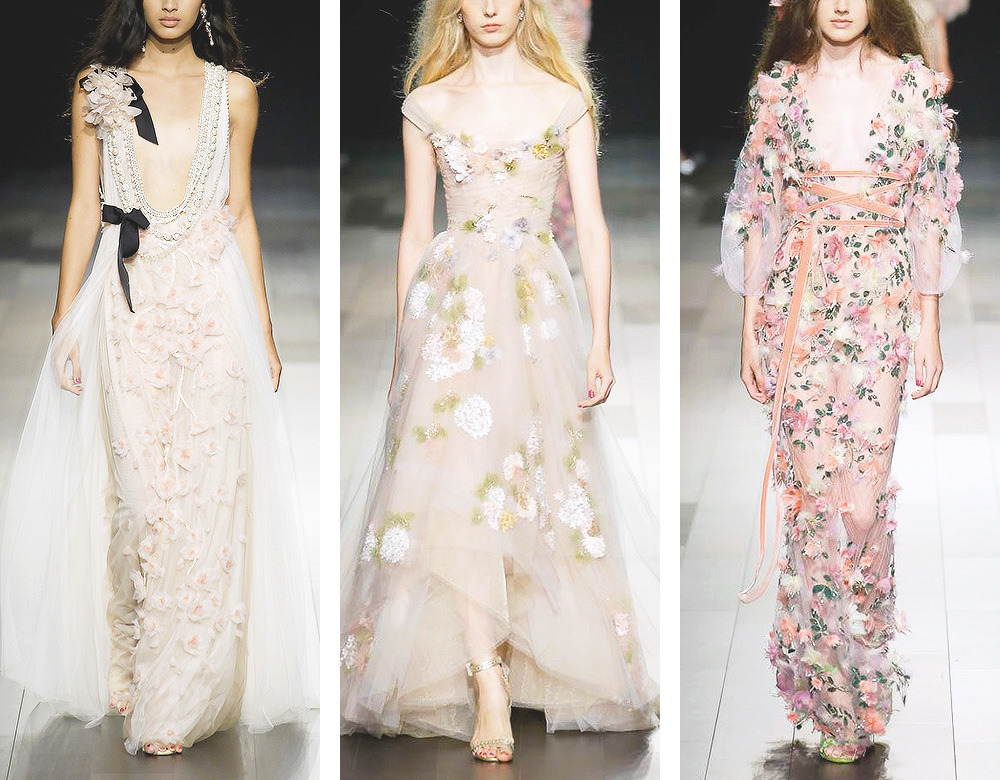 marchesa花卉高定礼服,果绿色浓郁显眼,浮花枝蔓暗香疏影