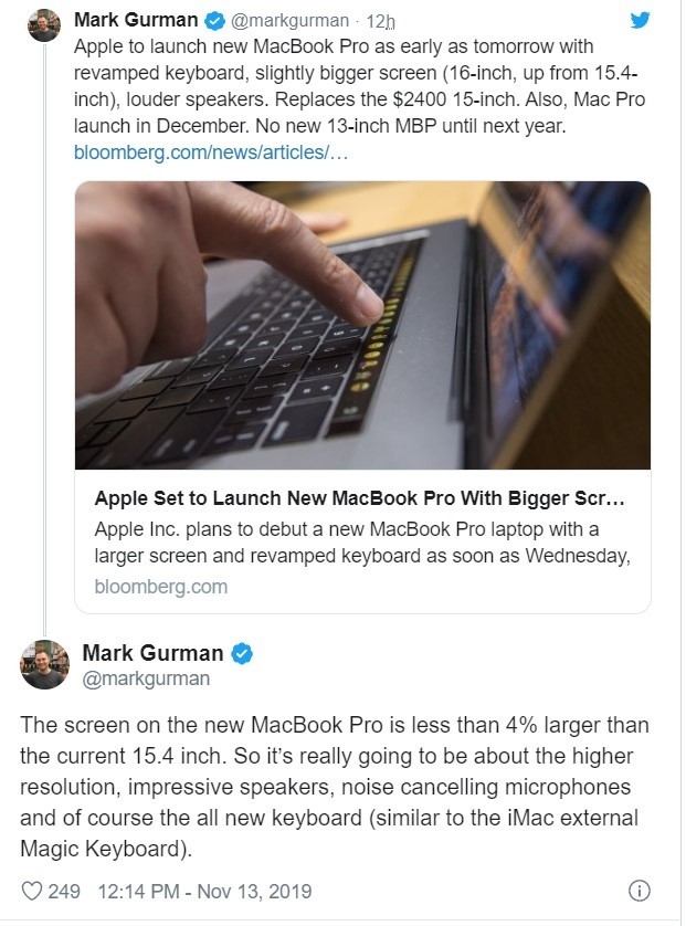 16英寸苹果macbook Pro最新消息 扬声器改进 麦克风支持降噪 腾讯新闻