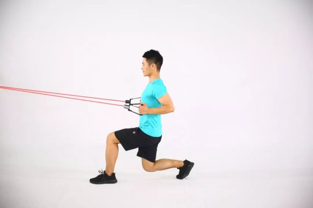 站立,与肩同宽,双手紧握弹力带,双臂伸直于体侧,躯干挺直;向后弓步蹲
