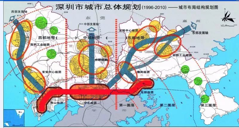 看圖,回顧深圳城市總體規劃的發展歷程,在空間上的表現可以歸納出三個