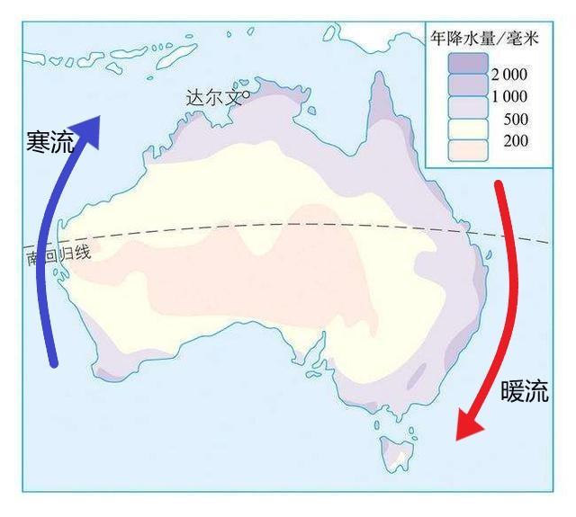 图3 澳大利亚的降水分布(5)气压带,风带澳大利亚处在10°s~42°之间