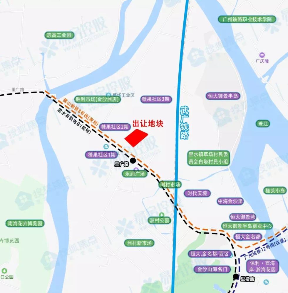 地塊毗鄰規劃 裡水有軌電車站點,規劃佛山地鐵8號線途經,距離廣州不到