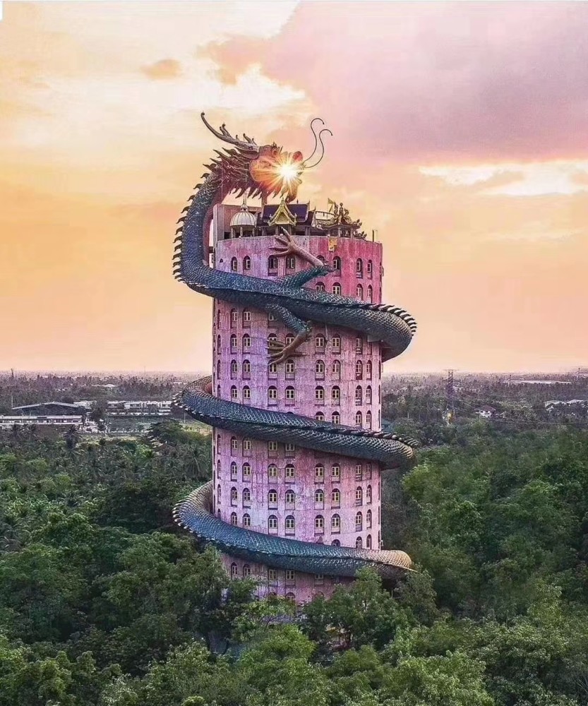 泰国的粉色寺庙被一条巨龙盘绕着一起来领略它的霸气吧