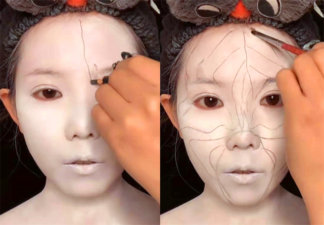 博主脸上画"斑马"仿妆,开始:洗洗睡吧,结尾:美术学院欢迎你!