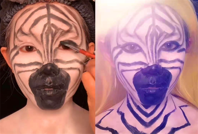 博主脸上画"斑马"仿妆,开始:洗洗睡吧,结尾:美术学院欢迎你!