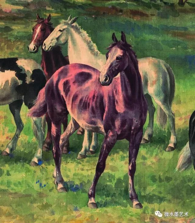 徐悲鸿的水彩《群马图》,果然是实力派!