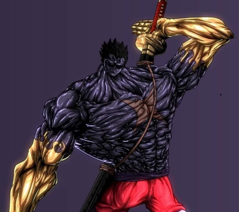 路飞五档手稿公开全身黑色霸气手臂金色武装色背后还扛着和之国镇国宝