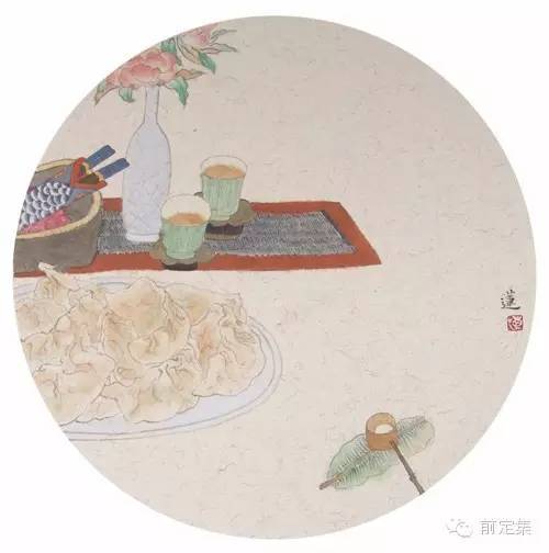 国画《舌尖上的丹青之——饺子》纸本(35×35)崔秀莲2014年作品