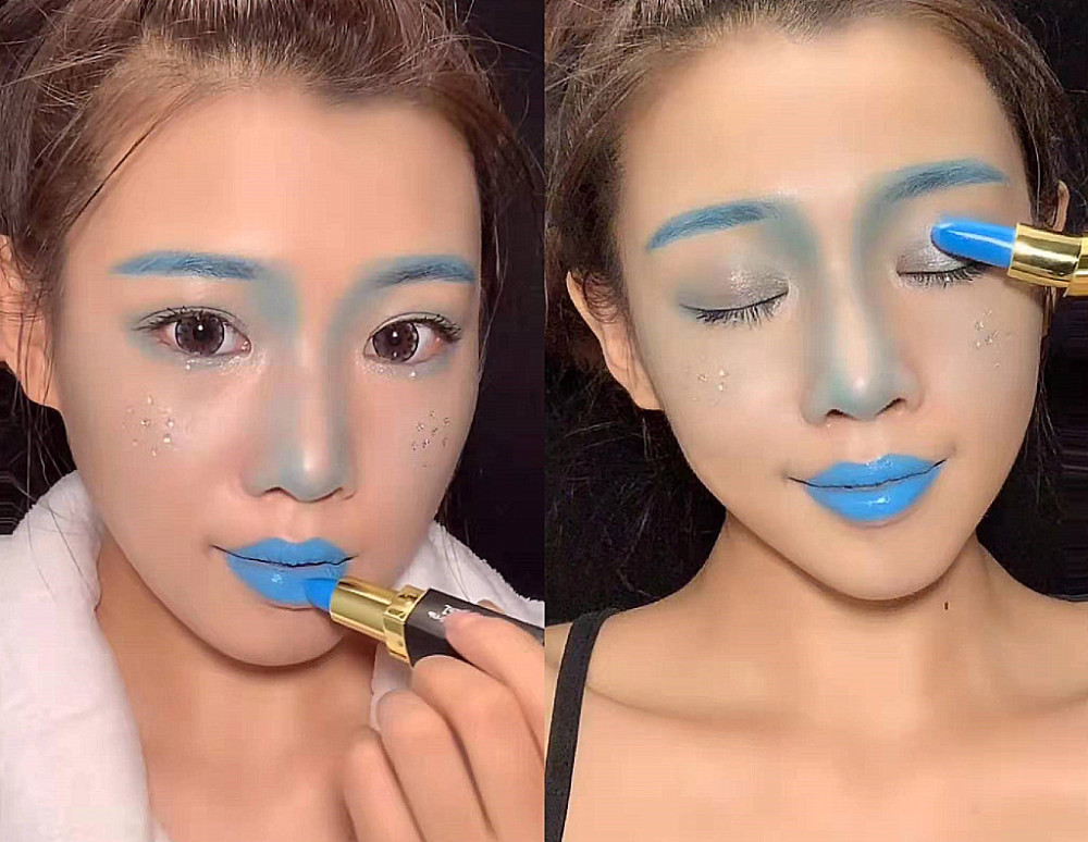 高中生挑战"蓝色口红"画全脸,被吐槽作妖,结局:这不"蓝精灵"?