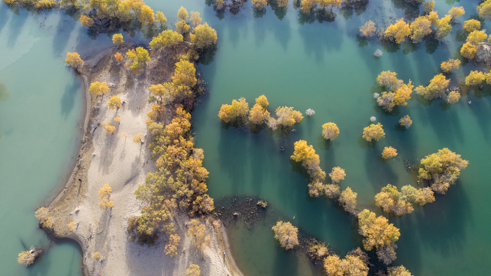 航拍新疆罗布湖旖旎风光 沙漠与湖水相依相生