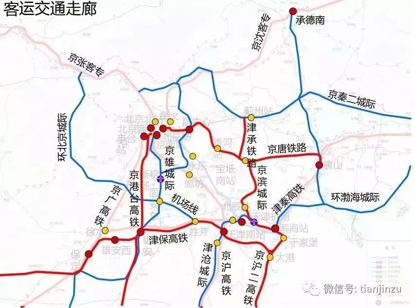 津雄城際最新的線路規劃,基本與津保高鐵平行,與京滬高鐵相交於天津