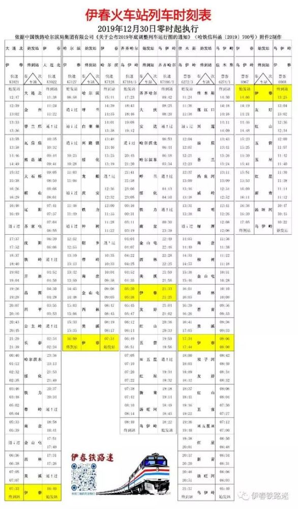 伊春火车站列车时刻表,2019年12月30日