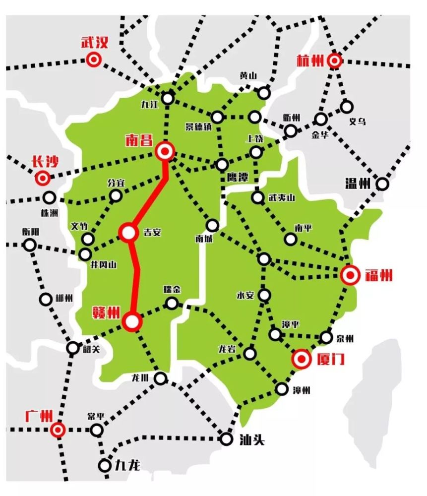 在昌赣高铁北接昌九城际铁路,向莆铁路,向南与赣龙,赣韶铁路及在建的