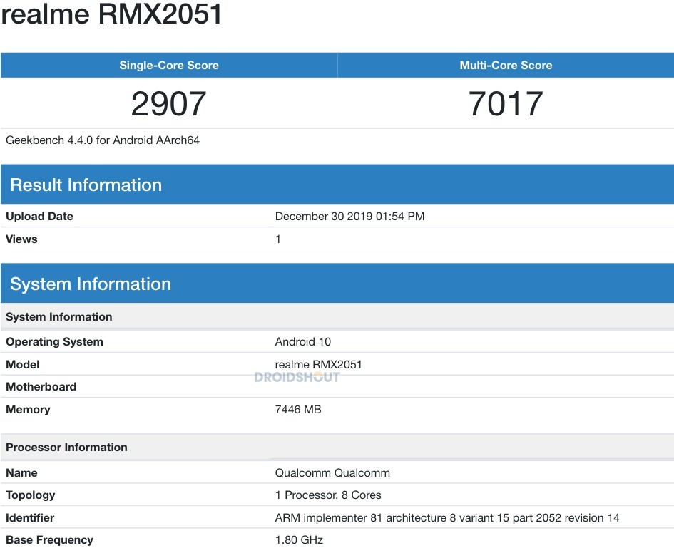 realme X50跑分成绩曝光 预装Android10系统和拥有8GB内存