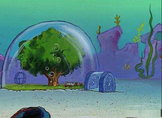 我们也可以看到珊迪的家虽然在海里面,但是却被一个巨大的玻璃罩隔开