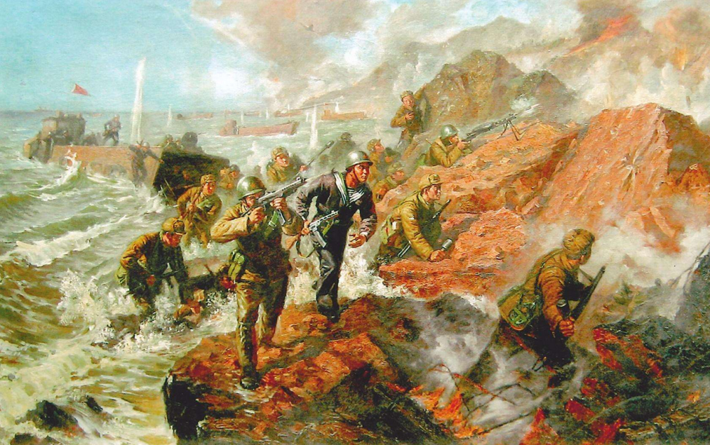 油画《强攻一江山岛》1月18日上午8时,我军首次陆海空三军联合作战