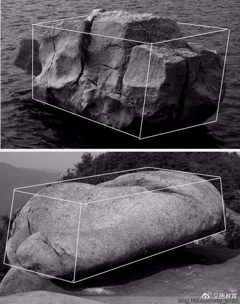 小提示:在画山石的时候要注意"石分三面", 在皴的时候就区分轻重,也会