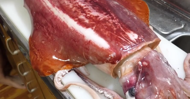 日本男子买下超大鱿鱼,乳白色的肉很诱人,分量足够四个人吃