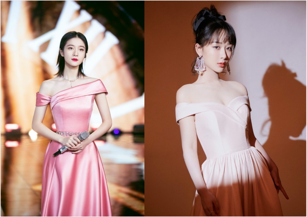 同穿粉色露肩长裙杨紫绑蝴蝶结甜美十足张雪迎锁骨发优雅大气