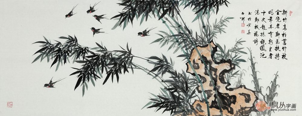 家里挂放竹画石开精品竹子国画赏析