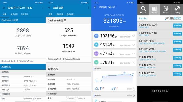 geekbench 4和geekbench 5对手机进行跑分测试,结果显示reno3 元气版
