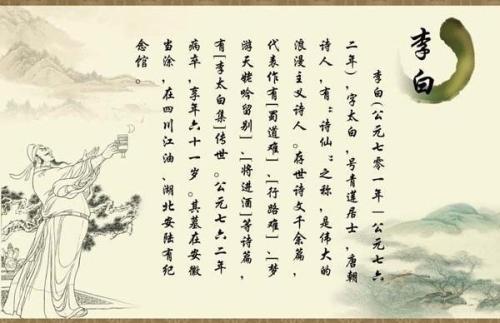 李白简介李白出生于公元701年,当时是唐朝,出生地在绵州昌隆县青莲乡