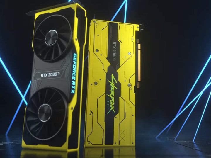 这款显卡的型号为rtx2080ti,全身采用了《赛博朋克2077》标志性的亮