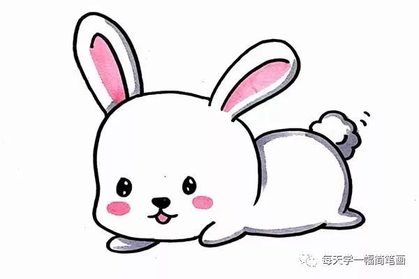 给小兔子的身体边缘涂灰色,耳朵内侧和脸颊涂粉色,可爱的兔子简笔画就