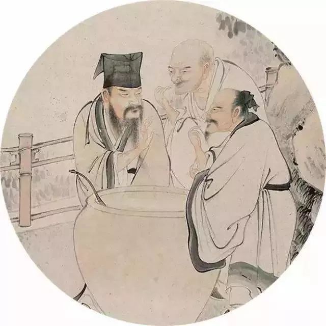 和尚佛印与黄庭坚围着一大醋缸,每人都尝了一点醋,但三人表情迥异