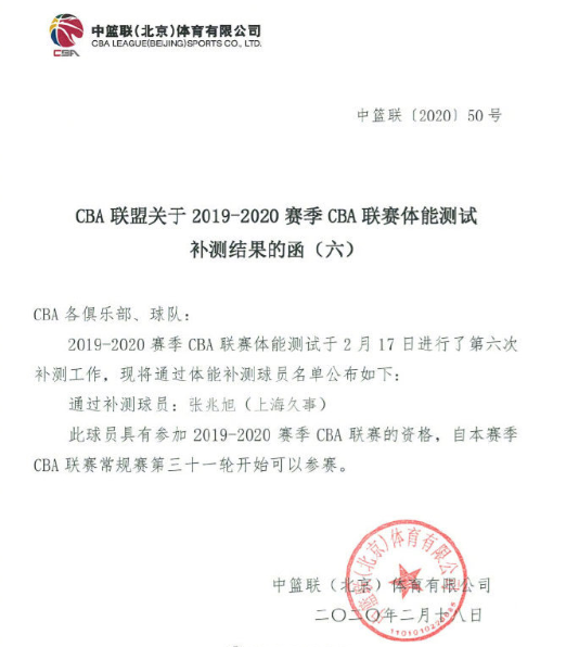 张兆旭通过体测补测可出战本赛季剩余比赛